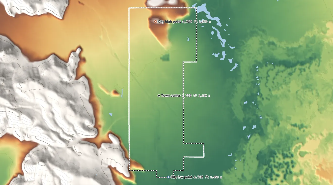 Topographic elevation map of Carey, Idaho, shaded from 4,760 ft on the south side to 4,920 ft on the north side