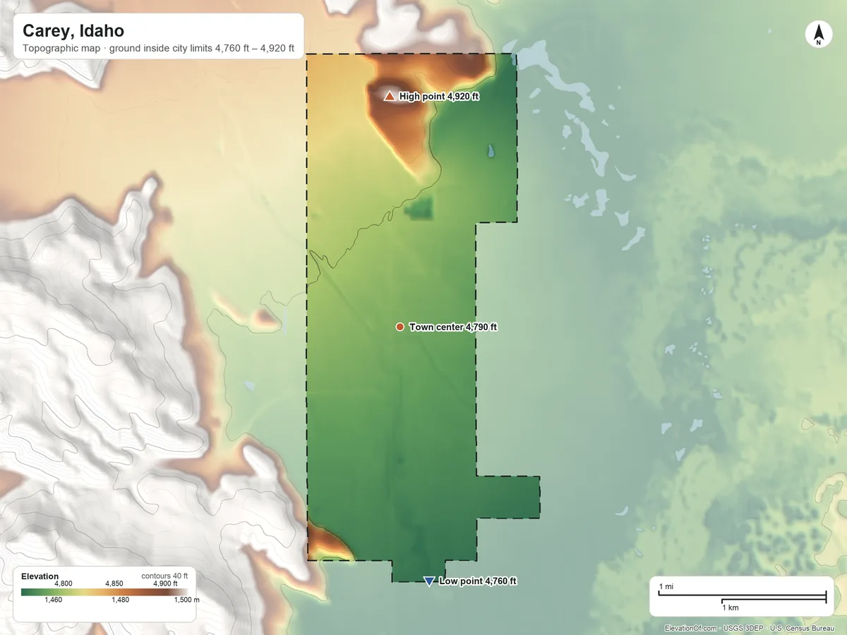 Topographic elevation map of Carey, Idaho, shaded from 4,760 ft on the south side to 4,920 ft on the north side