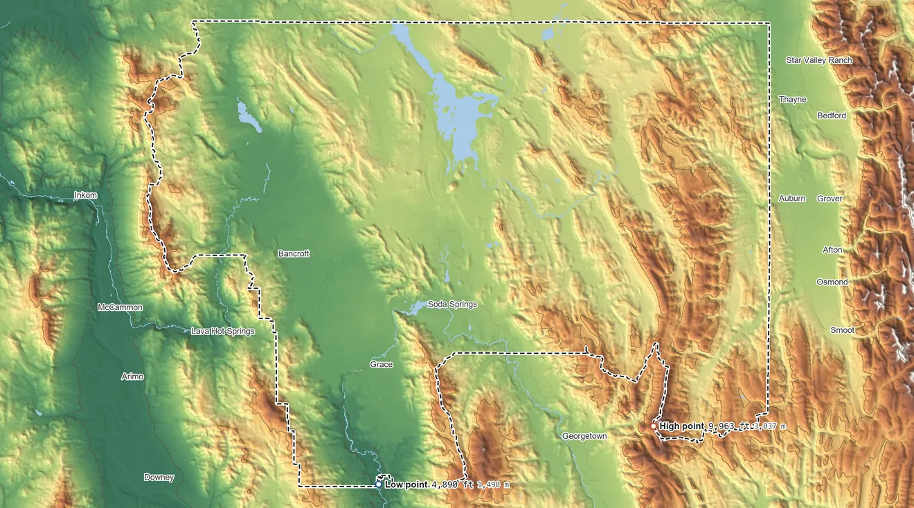 Topographic elevation map of Caribou County, Idaho, shaded from 4,890 ft on the south side to 9,963 ft on Meade Peak