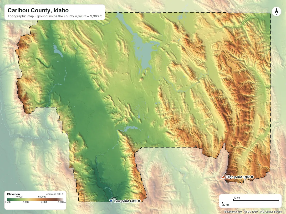 Topographic elevation map of Caribou County, Idaho, shaded from 4,890 ft on the south side to 9,963 ft on Meade Peak