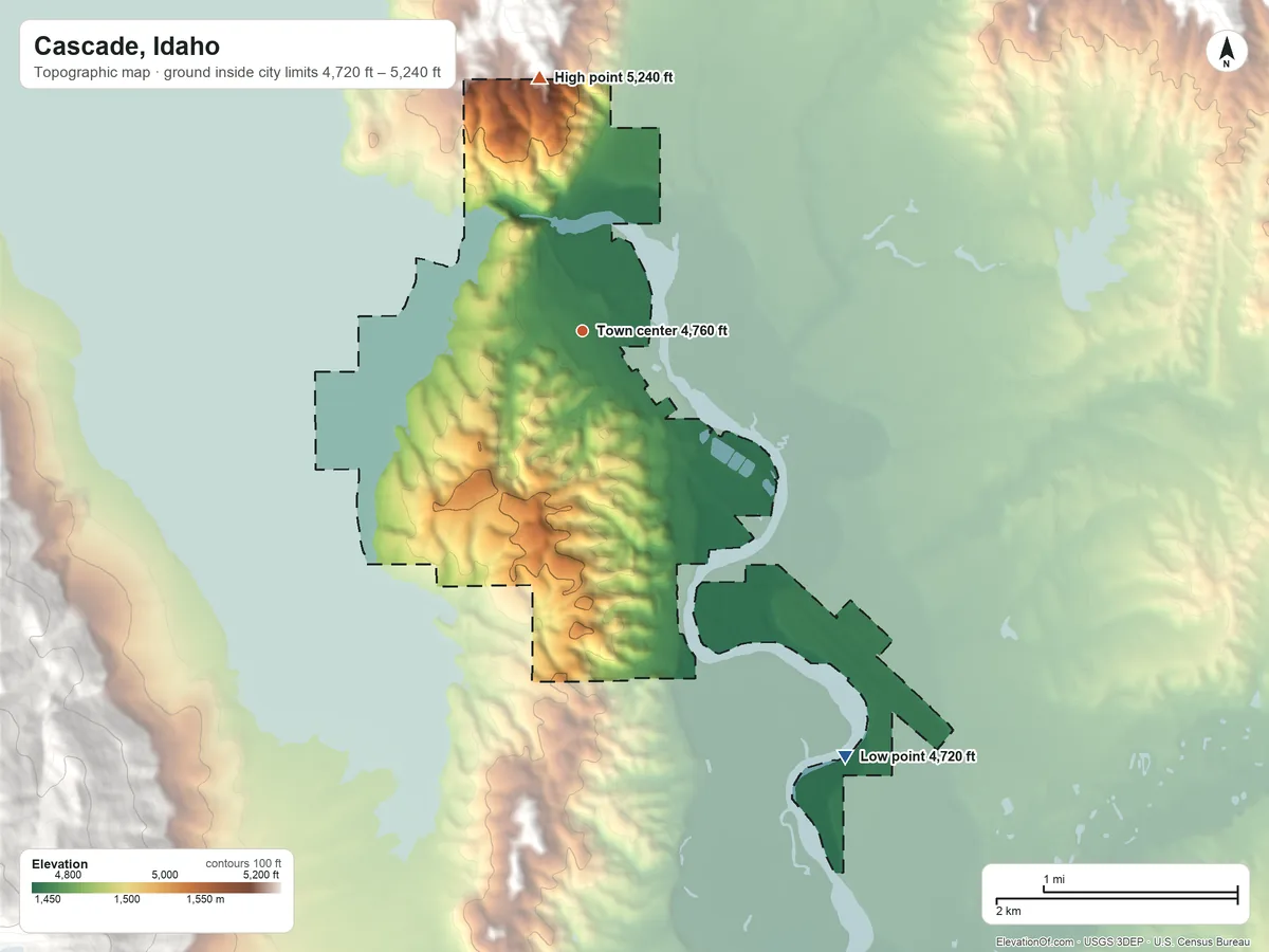 Topographic elevation map of Cascade, Idaho, shaded from 4,720 ft on the southeast side to 5,240 ft on the north side