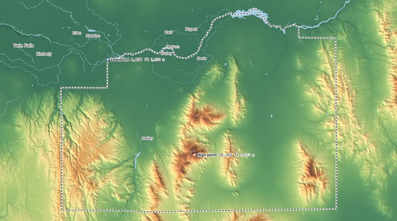 Topographic elevation map of Cassia County, Idaho, shaded from 4,130 ft on the northwest side to 10,343 ft on Independence Mountain