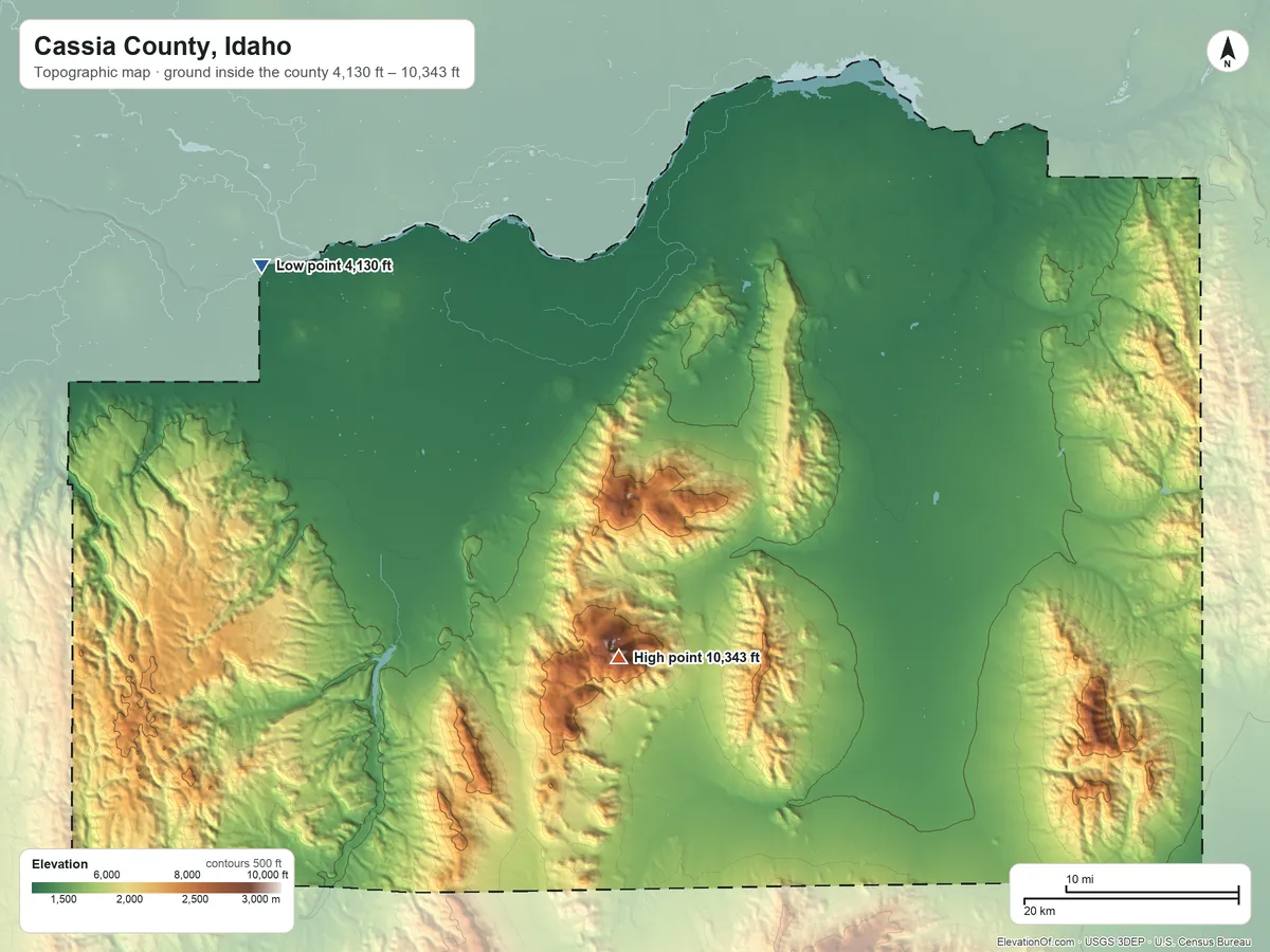 Topographic elevation map of Cassia County, Idaho, shaded from 4,130 ft on the northwest side to 10,343 ft on Independence Mountain