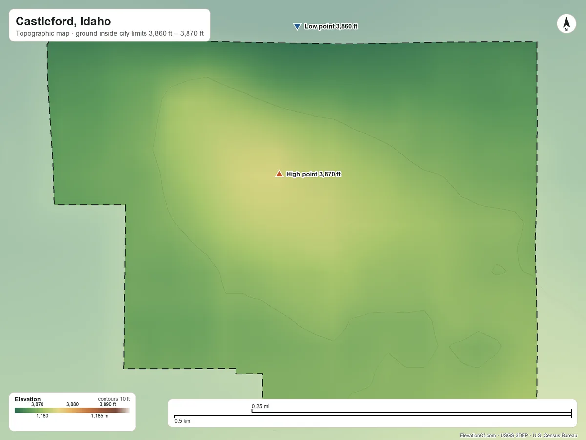 Topographic elevation map of Castleford, Idaho, shaded from 3,860 ft on the north side to 3,870 ft near the middle