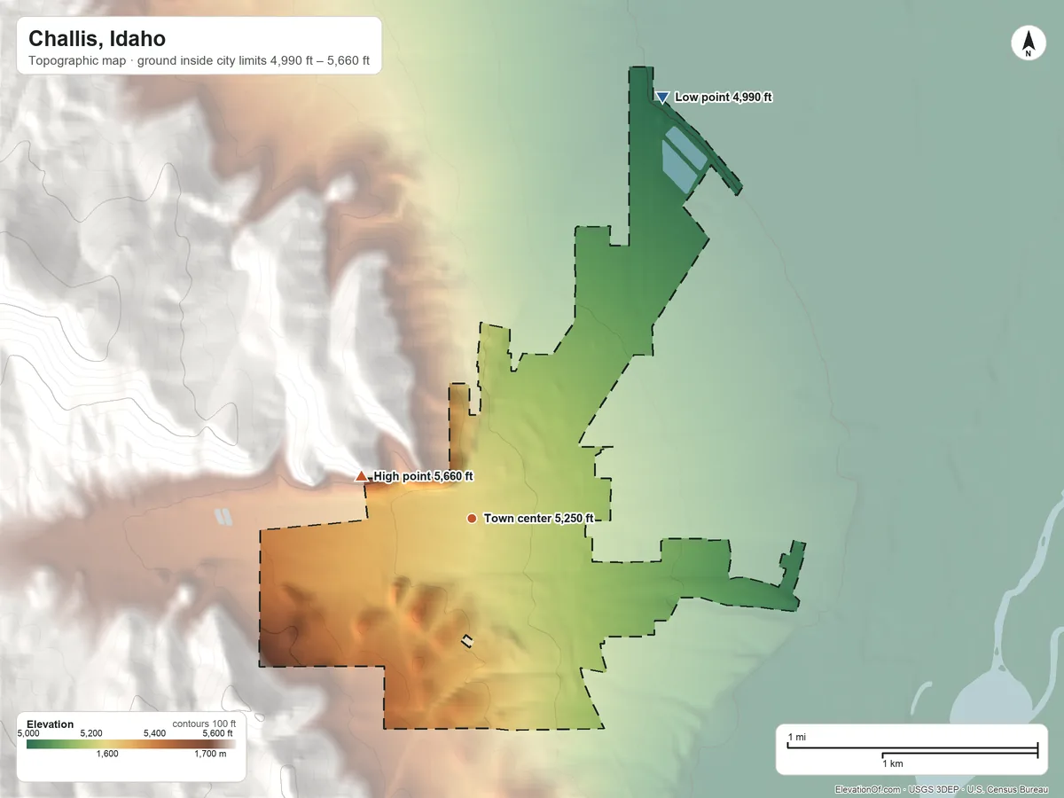 Topographic elevation map of Challis, Idaho, shaded from 4,990 ft on the northeast side to 5,660 ft at the foot of the White Hills