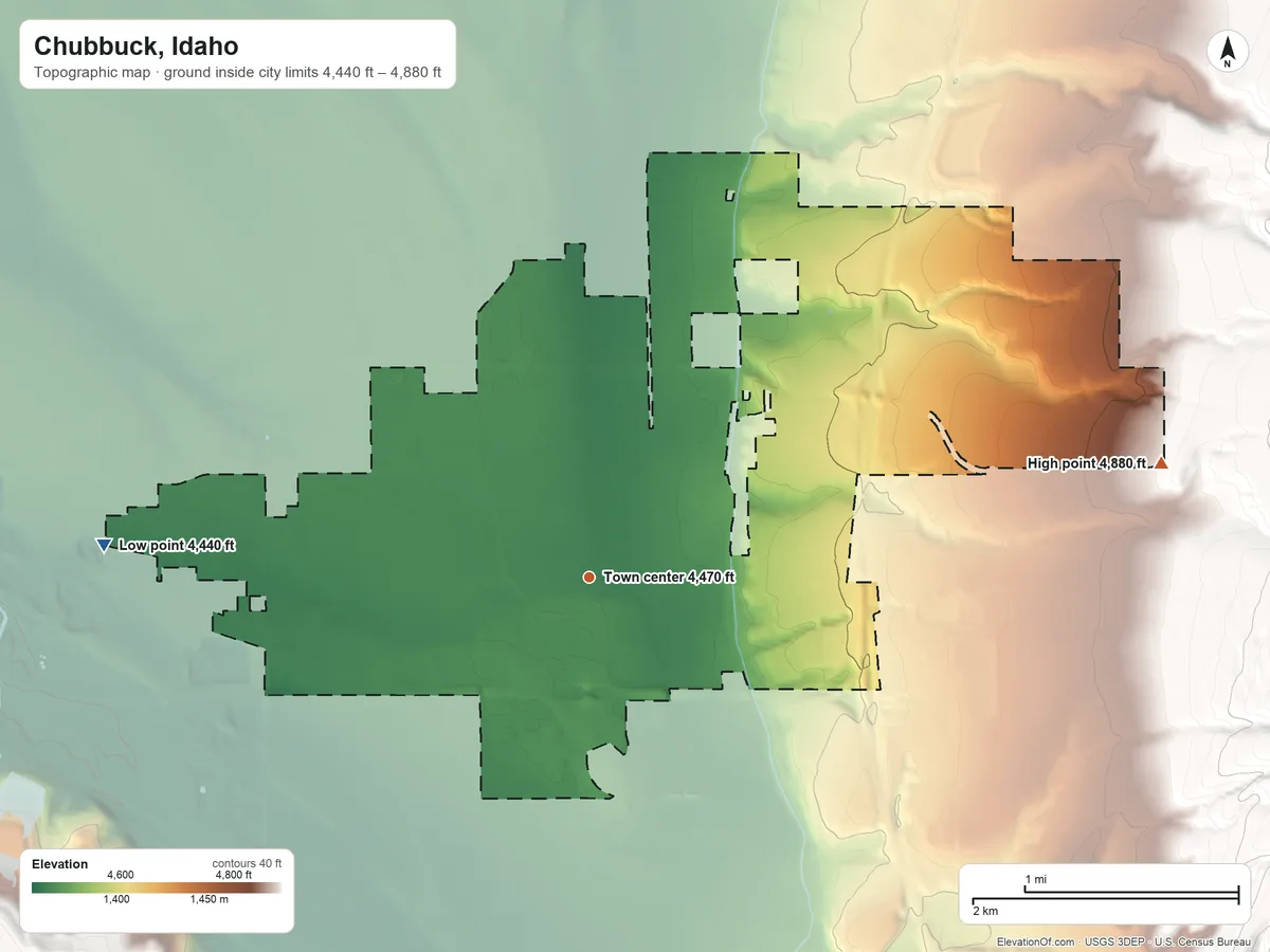 Topographic elevation map of Chubbuck, Idaho, shaded from 4,440 ft on the west side to 4,880 ft at the foot of the Pocatello Range