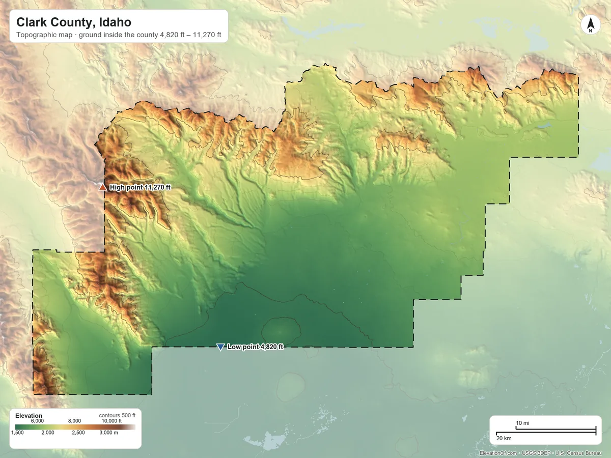 Topographic elevation map of Clark County, Idaho, shaded from 4,820 ft on the southwest side to 11,270 ft on Scott Peak