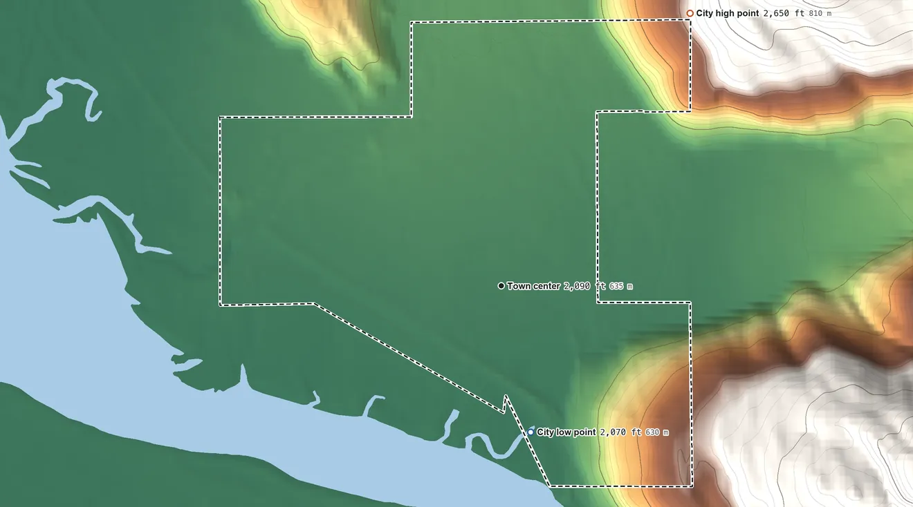 Topographic elevation map of Clark Fork, Idaho, shaded from 2,070 ft on the south side to 2,650 ft on the northeast edge, below higher ground just outside