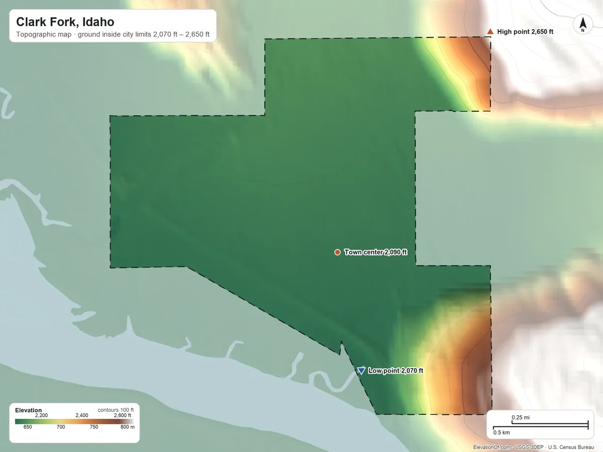 Topographic elevation map of Clark Fork, Idaho, shaded from 2,070 ft on the south side to 2,650 ft on the northeast edge, below higher ground just outside