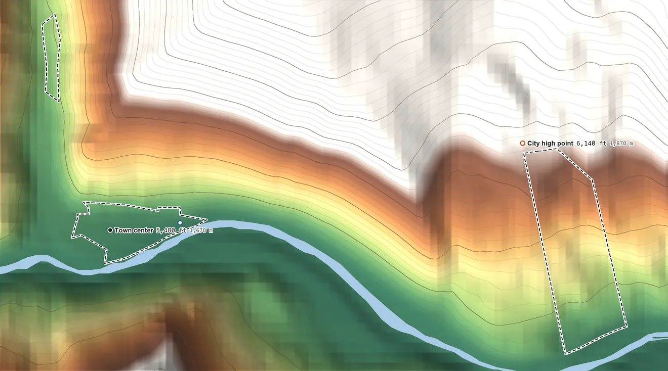 Topographic elevation map of Clayton, Idaho, shaded from 5,460 ft on the east side to 6,140 ft on the east edge, below higher ground just outside