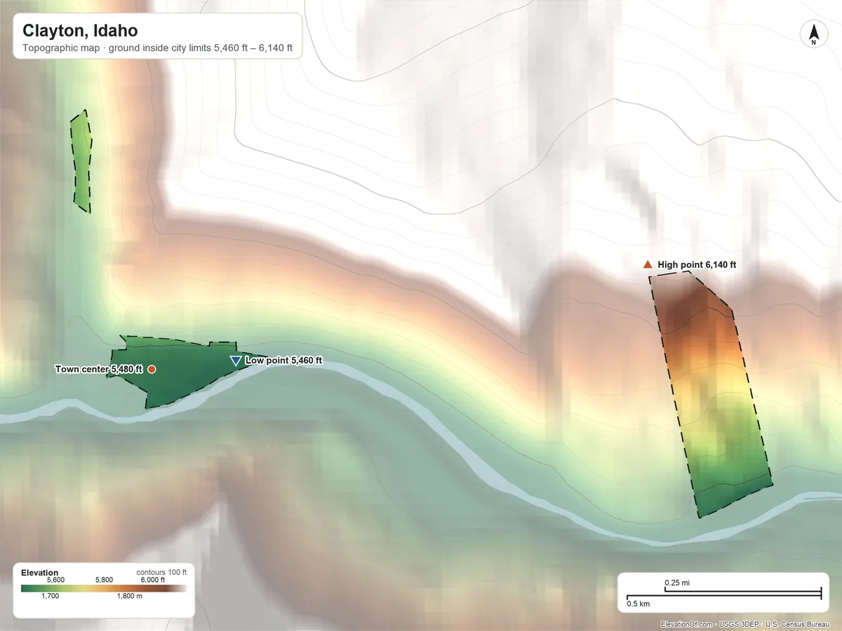Topographic elevation map of Clayton, Idaho, shaded from 5,460 ft on the east side to 6,140 ft on the east edge, below higher ground just outside