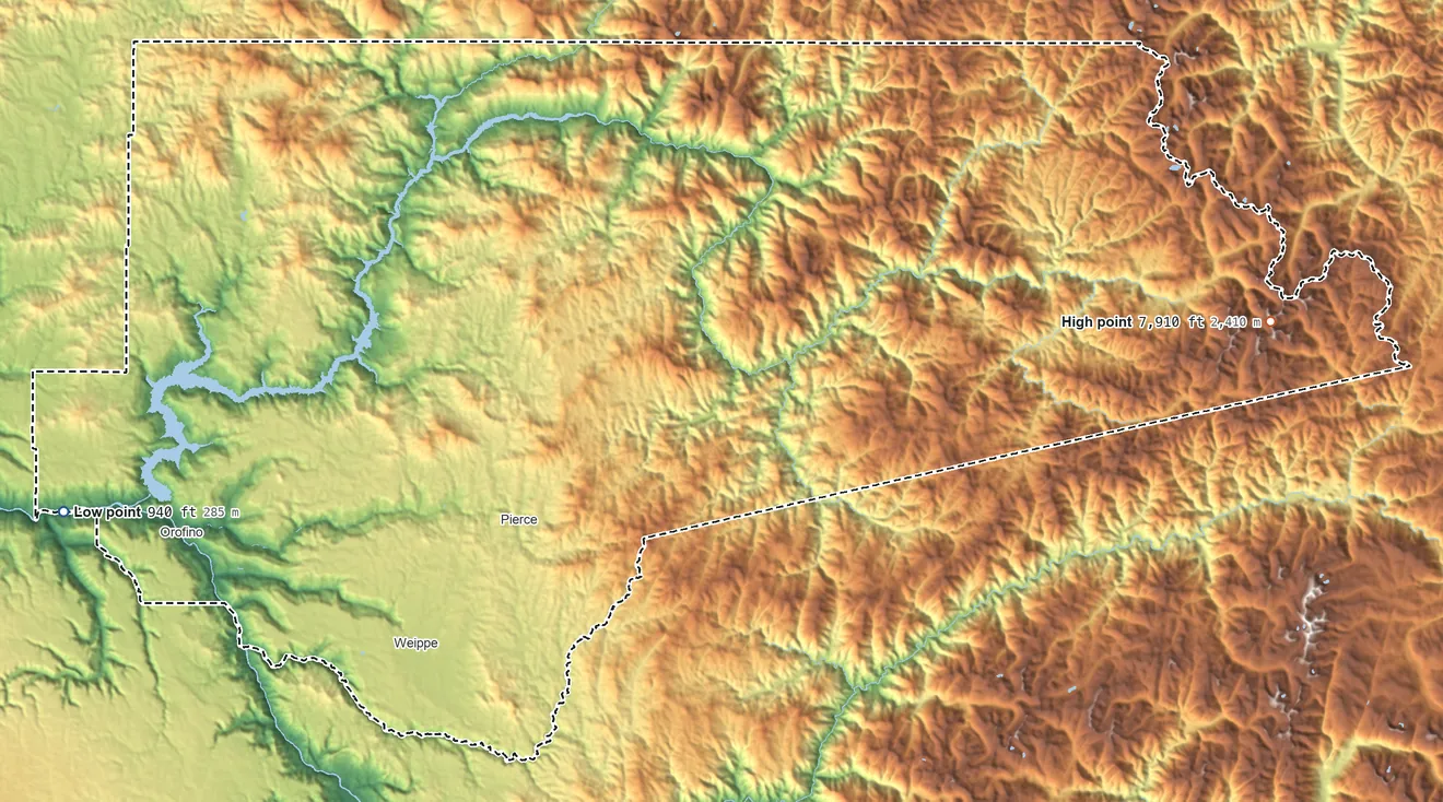 Topographic elevation map of Clearwater County, Idaho, shaded from 940 ft on the west side to 7,910 ft on Rhodes Peak