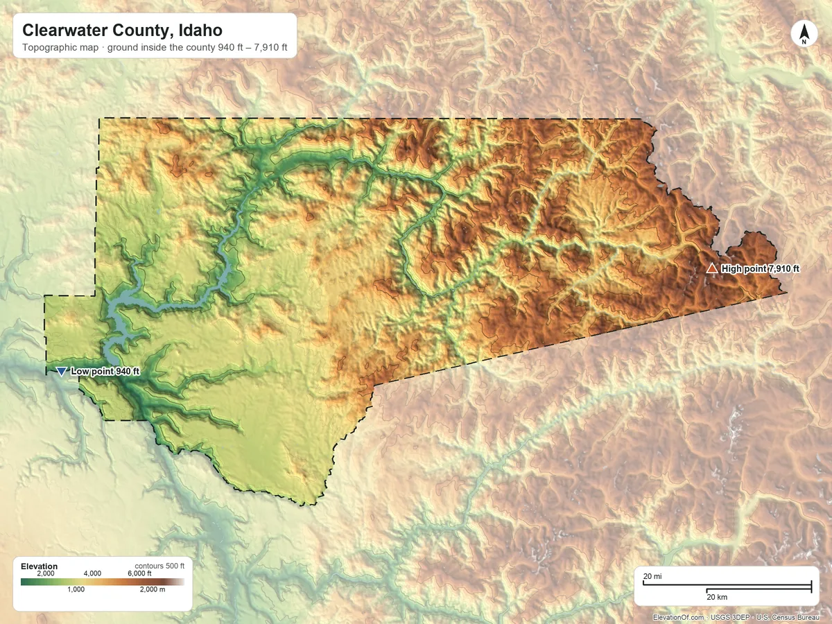 Topographic elevation map of Clearwater County, Idaho, shaded from 940 ft on the west side to 7,910 ft on Rhodes Peak