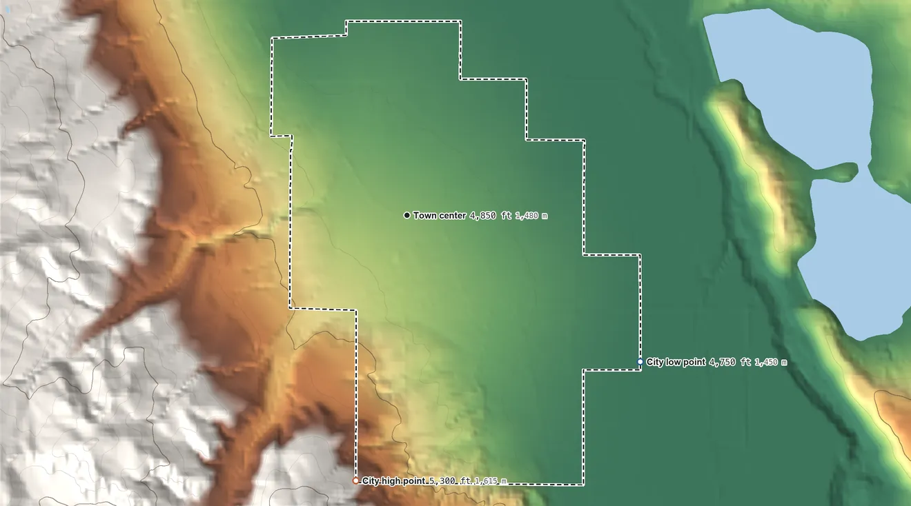 Topographic elevation map of Clifton, Idaho, shaded from 4,750 ft on the southeast side to 5,300 ft at the foot of the Malad Range