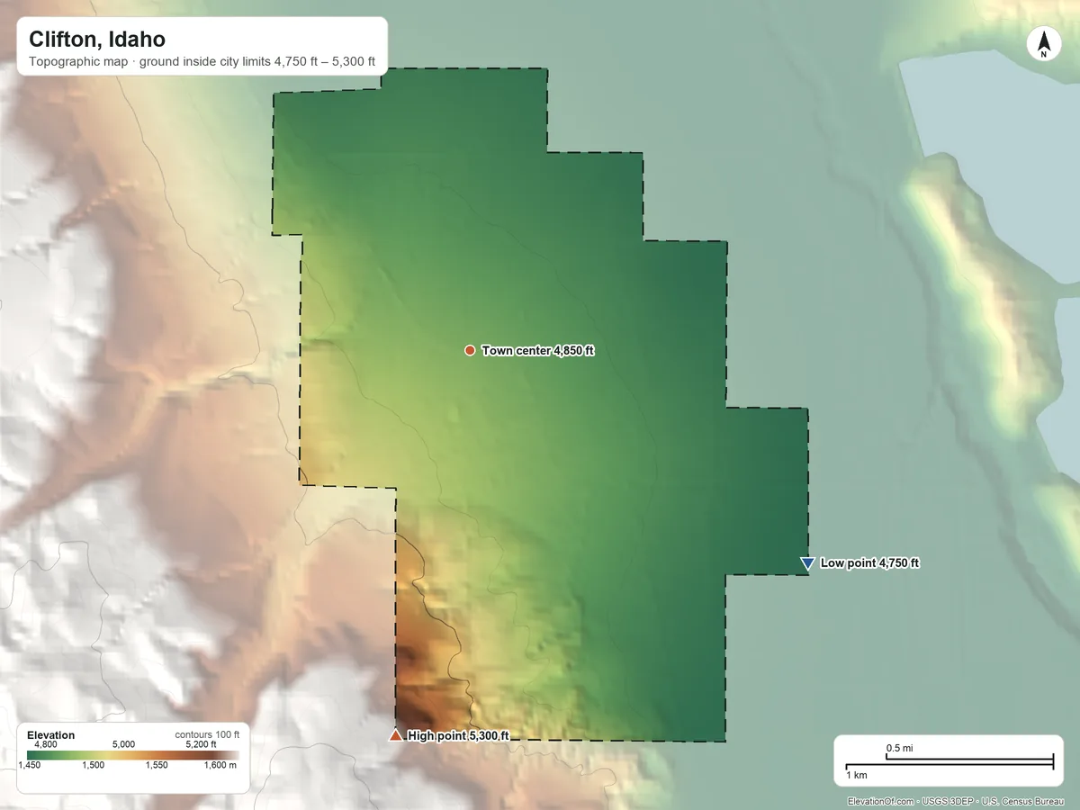Topographic elevation map of Clifton, Idaho, shaded from 4,750 ft on the southeast side to 5,300 ft at the foot of the Malad Range