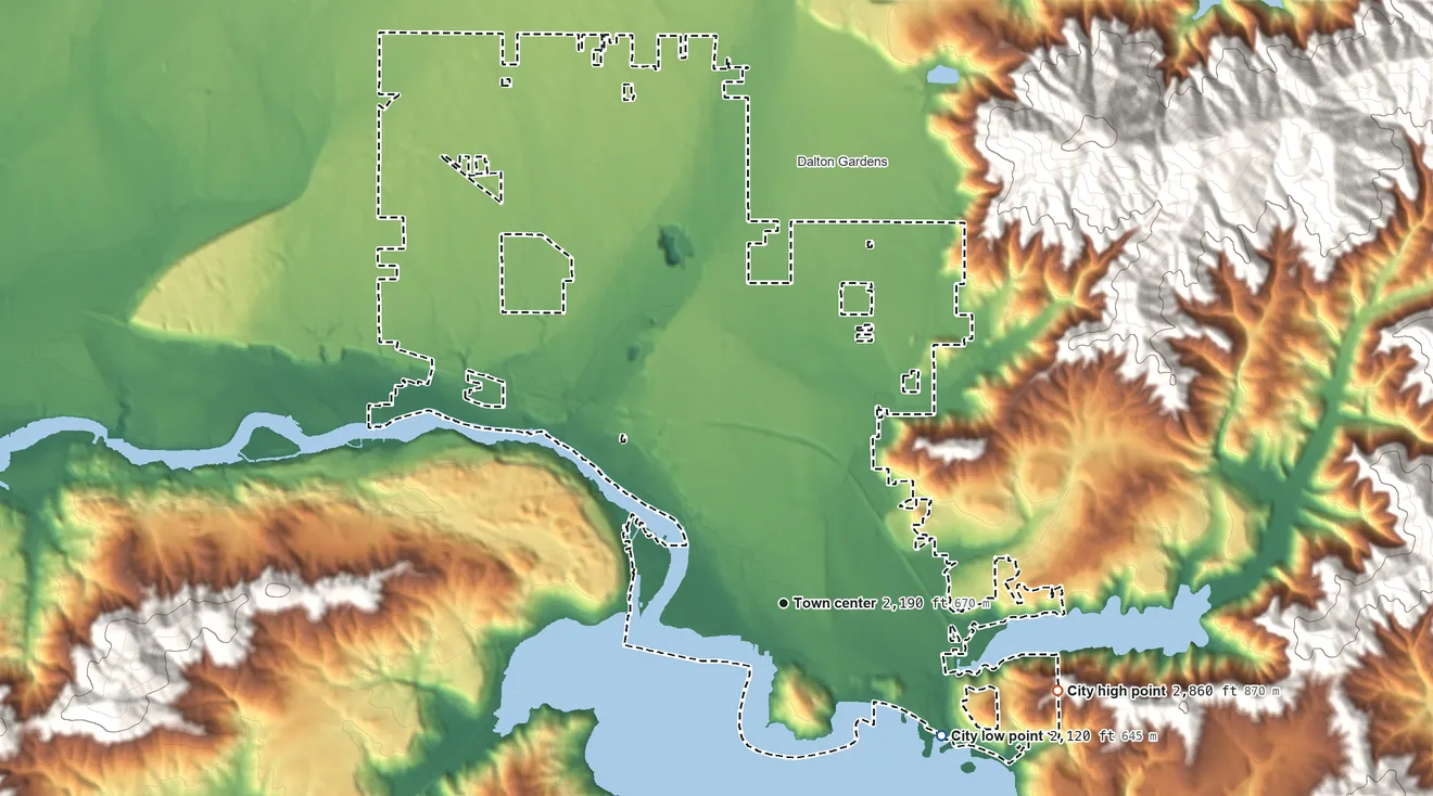 Topographic elevation map of Coeur d'Alene, Idaho, shaded from 2,120 ft on the southeast side to 2,860 ft on the east side