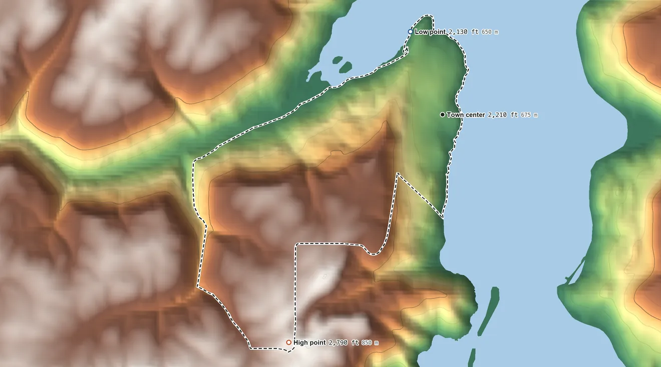 Topographic elevation map of Conkling Park, Idaho, shaded from 2,130 ft on the north side to 2,790 ft on the southwest edge, below higher ground just outside