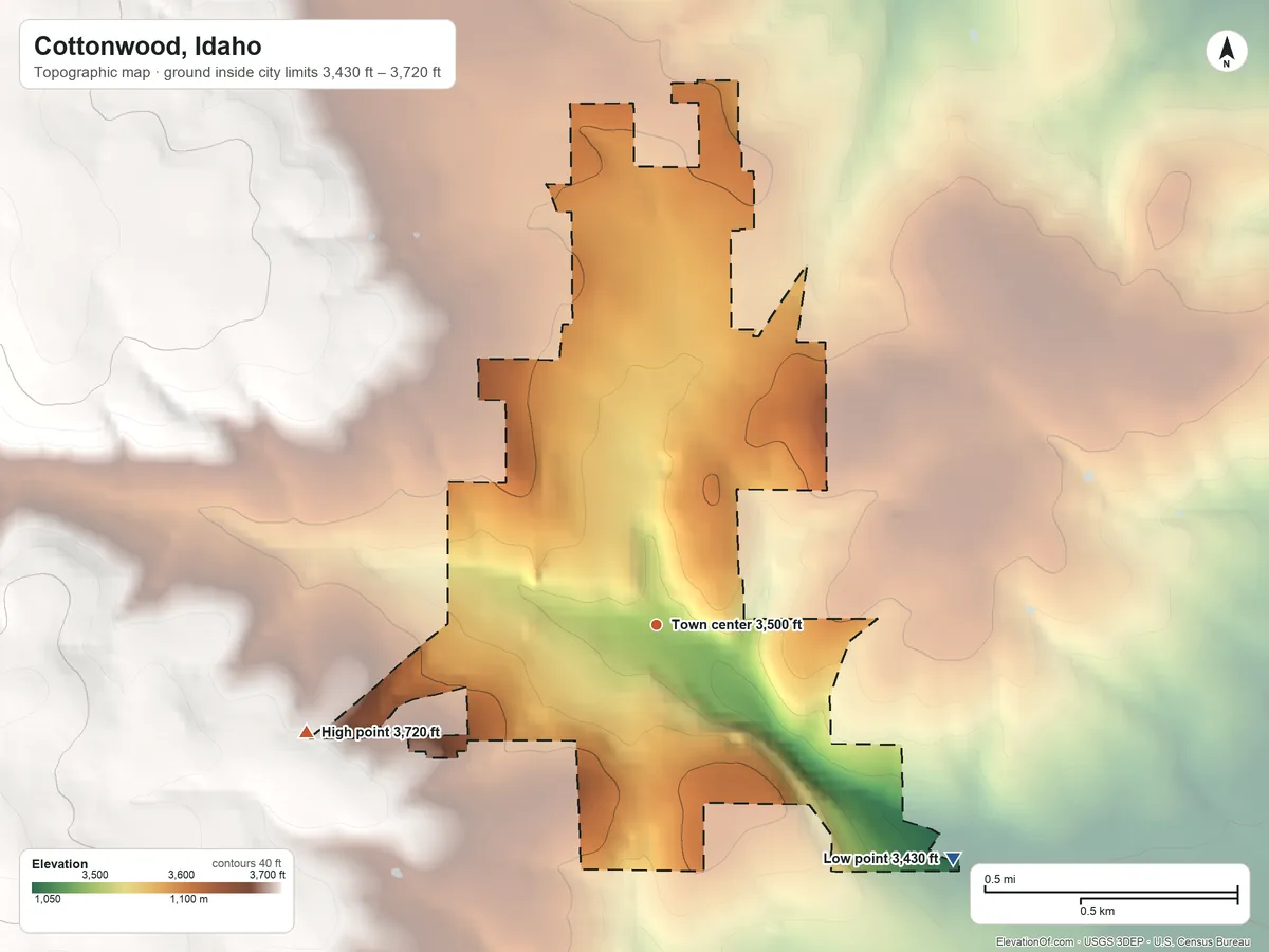 Topographic elevation map of Cottonwood, Idaho, shaded from 3,430 ft on the southeast side to 3,720 ft at the foot of the High Breaks