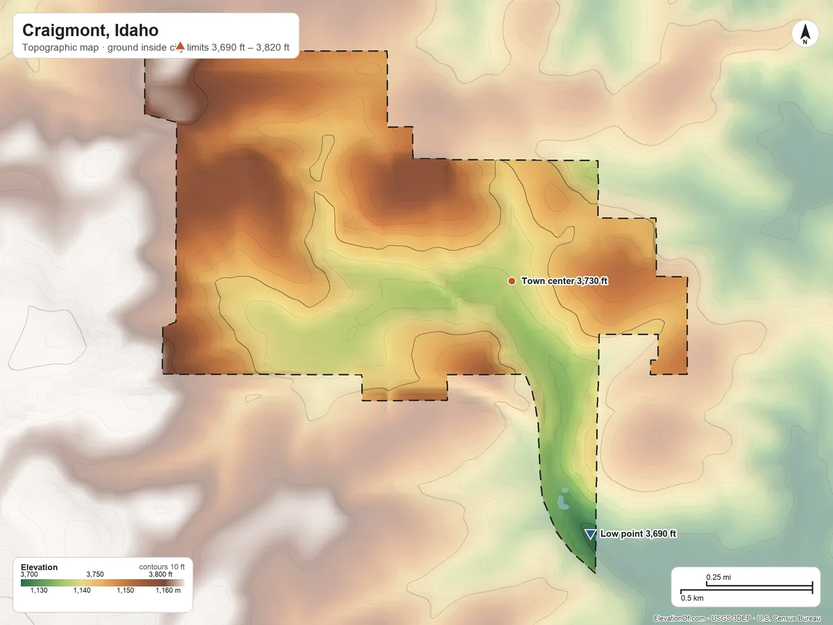 Topographic elevation map of Craigmont, Idaho, shaded from 3,690 ft on the south side to 3,820 ft on the northwest side