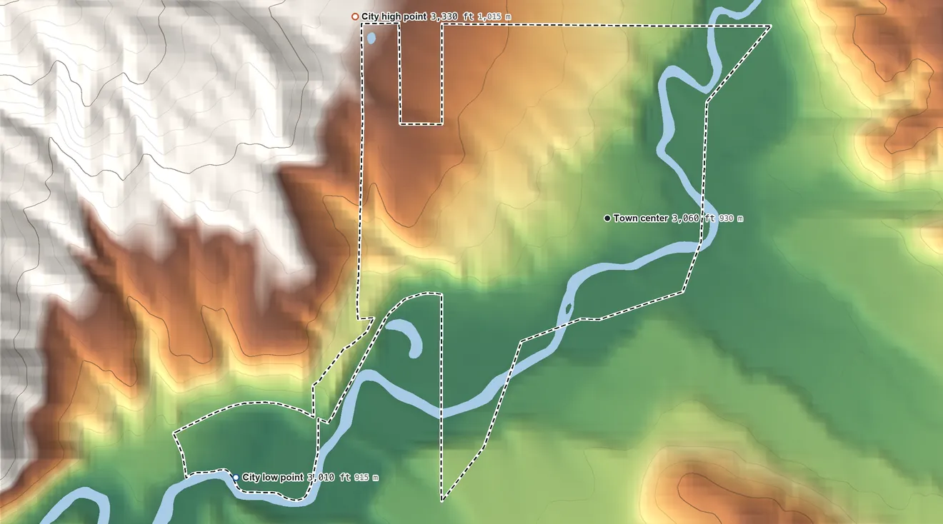 Topographic elevation map of Crouch, Idaho, shaded from 3,010 ft on the southwest side to 3,330 ft on the northwest edge, below higher ground just outside