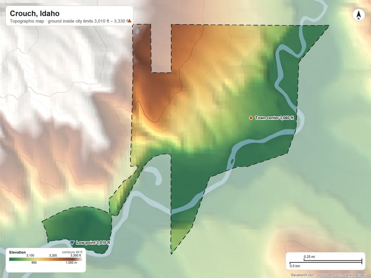 Topographic elevation map of Crouch, Idaho, shaded from 3,010 ft on the southwest side to 3,330 ft on the northwest edge, below higher ground just outside