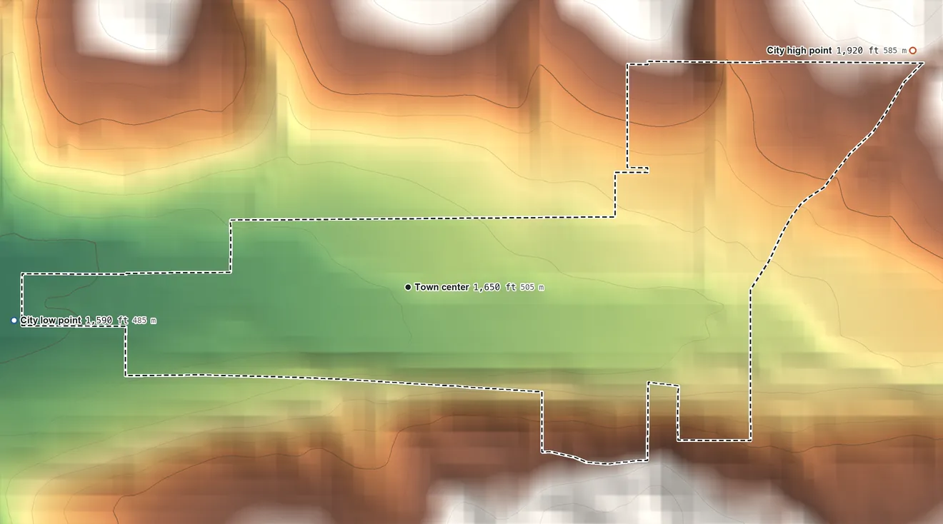 Topographic elevation map of Culdesac, Idaho, shaded from 1,590 ft on the west side to 1,920 ft on the northeast edge, below higher ground just outside