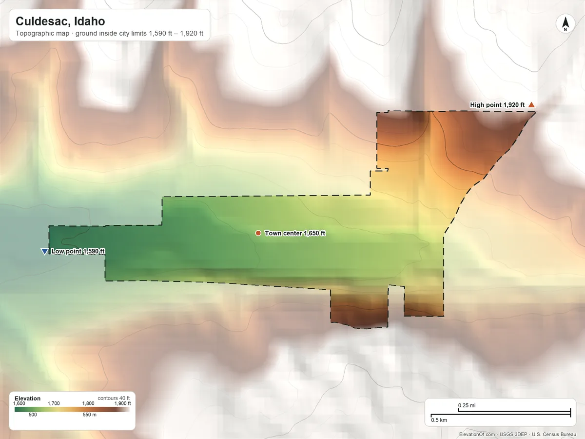 Topographic elevation map of Culdesac, Idaho, shaded from 1,590 ft on the west side to 1,920 ft on the northeast edge, below higher ground just outside