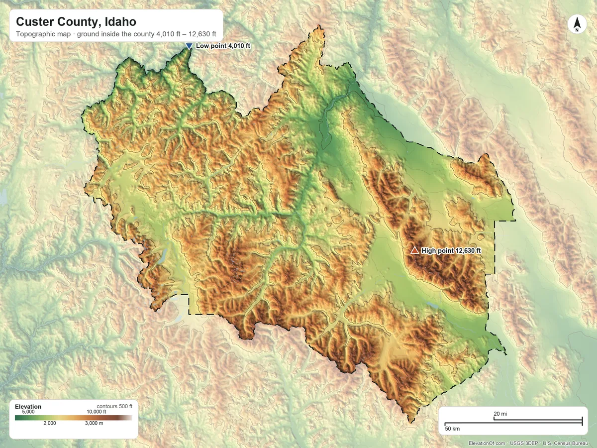 Topographic elevation map of Custer County, Idaho, shaded from 4,010 ft on the northwest side to 12,630 ft on Borah Peak