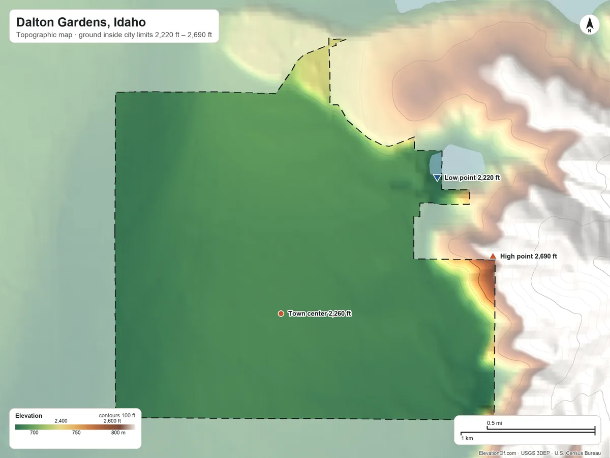 Topographic elevation map of Dalton Gardens, Idaho, shaded from 2,220 ft on the northeast side to 2,690 ft on the east edge, below higher ground just outside