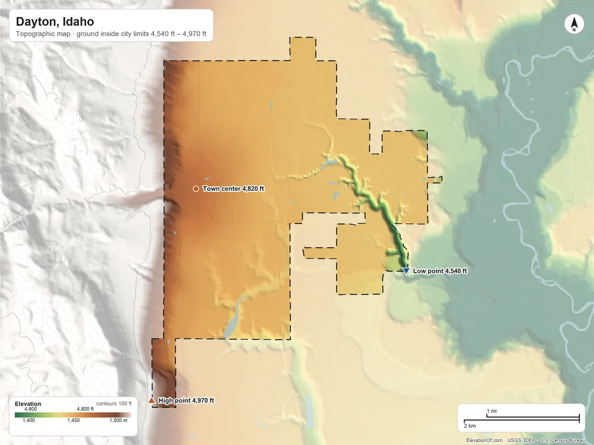 Topographic elevation map of Dayton, Idaho, shaded from 4,540 ft on the east side to 4,970 ft at the foot of the Malad Range