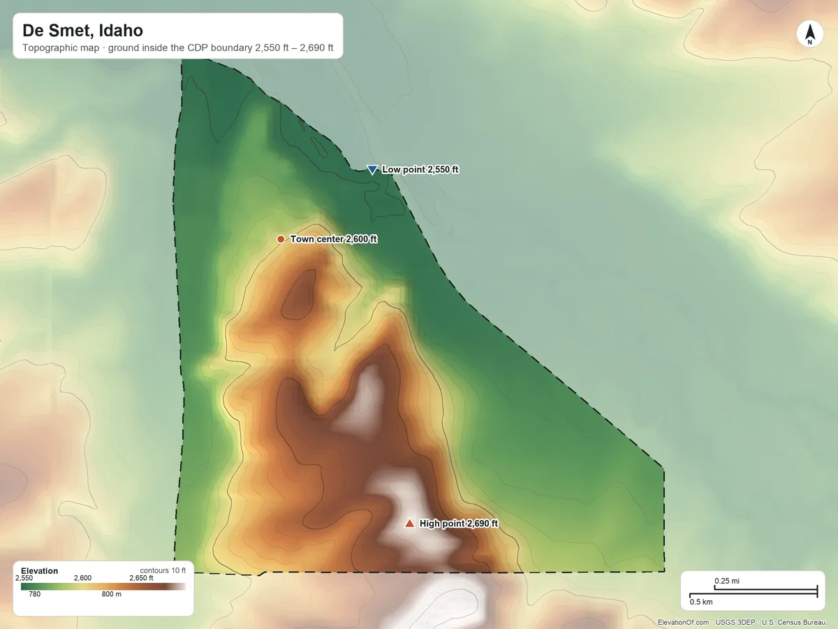 Topographic elevation map of De Smet, Idaho, shaded from 2,550 ft on the northeast side to 2,690 ft on the southeast edge, below higher ground just outside