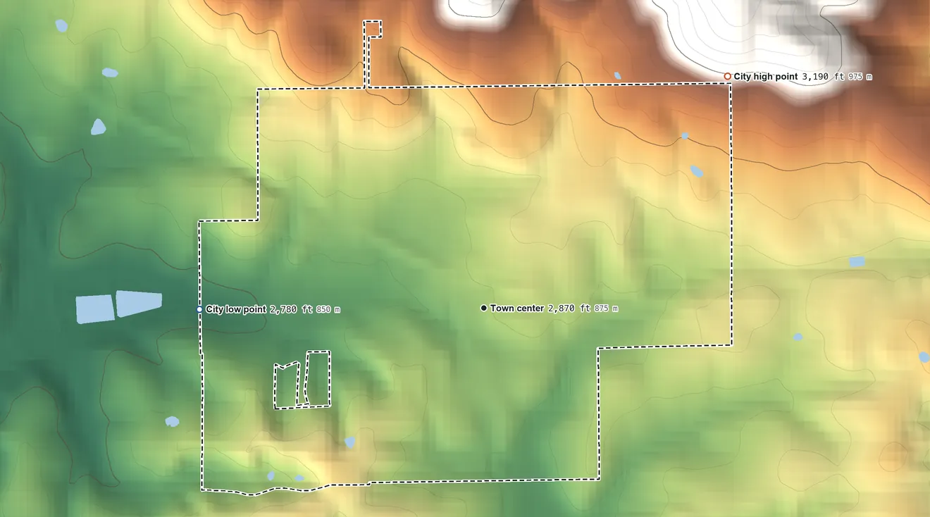 Topographic elevation map of Deary, Idaho, shaded from 2,780 ft on the west side to 3,190 ft at the foot of the Palouse Range