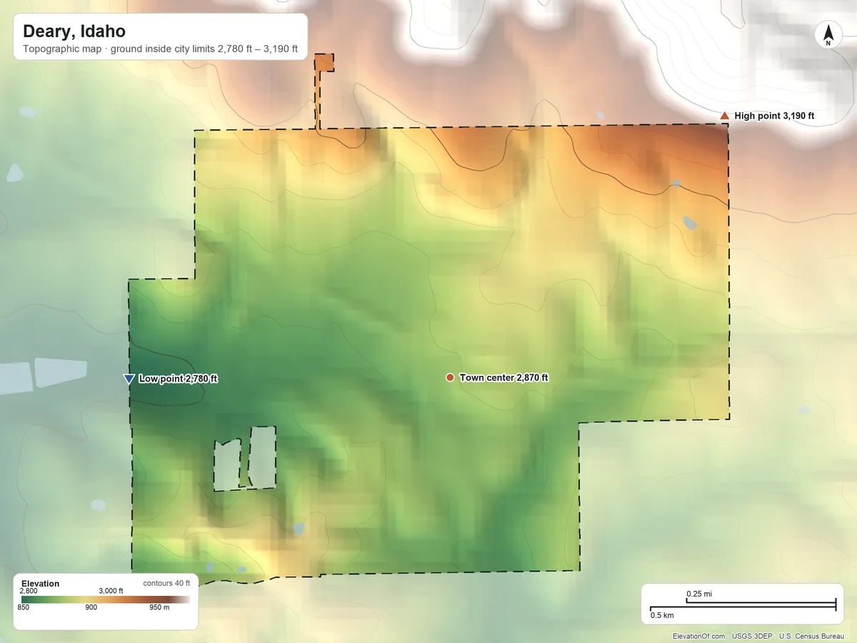 Topographic elevation map of Deary, Idaho, shaded from 2,780 ft on the west side to 3,190 ft at the foot of the Palouse Range