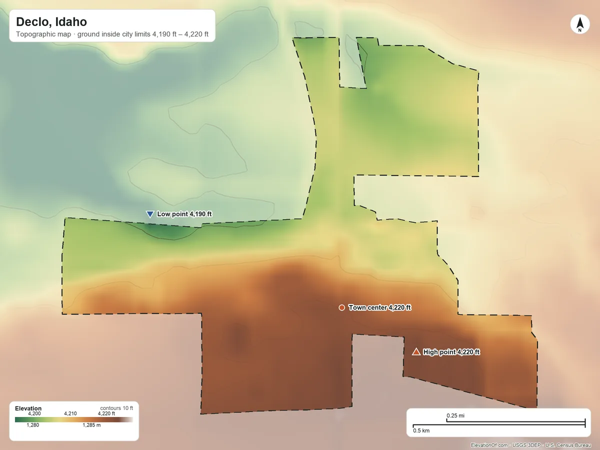 Topographic elevation map of Declo, Idaho, shaded from 4,190 ft on the northwest side to 4,220 ft on the southeast side