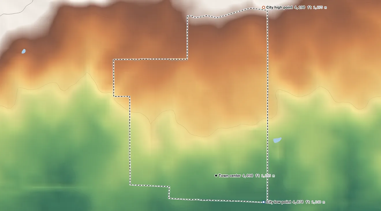 Topographic elevation map of Dietrich, Idaho, shaded from 4,070 ft on the southeast side to 4,190 ft on the north side