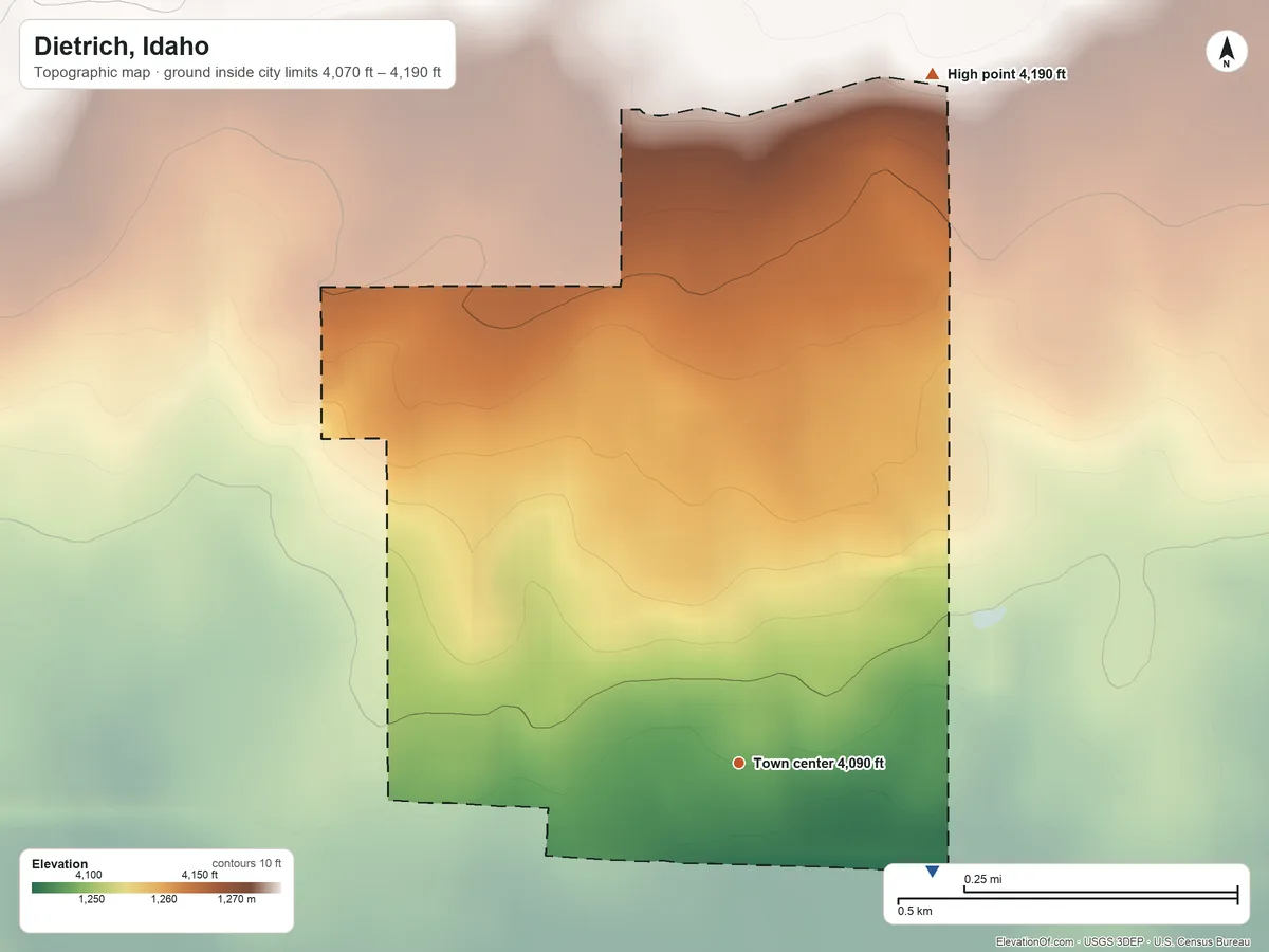 Topographic elevation map of Dietrich, Idaho, shaded from 4,070 ft on the southeast side to 4,190 ft on the north side