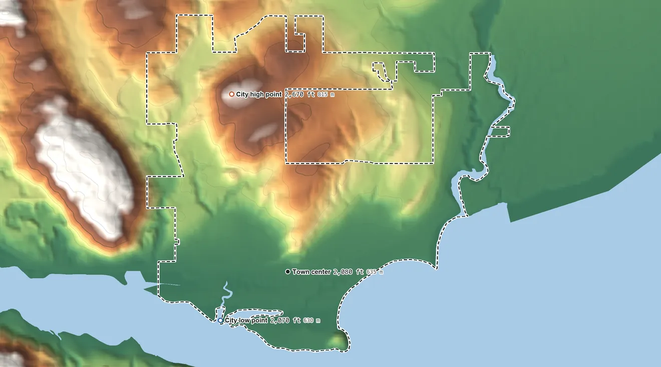 Topographic elevation map of Dover, Idaho, shaded from 2,070 ft on the southwest side to 2,670 ft on the north edge, below higher ground just outside