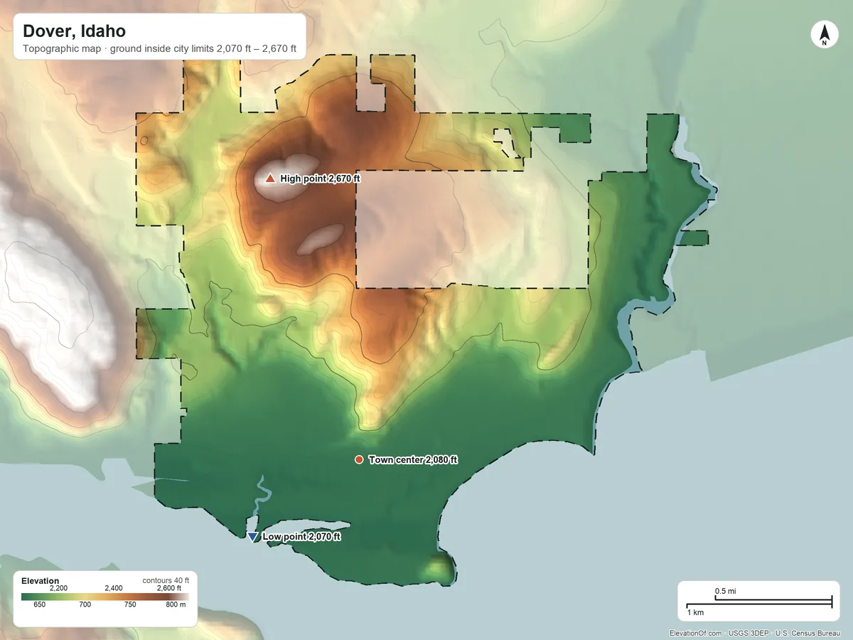 Topographic elevation map of Dover, Idaho, shaded from 2,070 ft on the southwest side to 2,670 ft on the north edge, below higher ground just outside