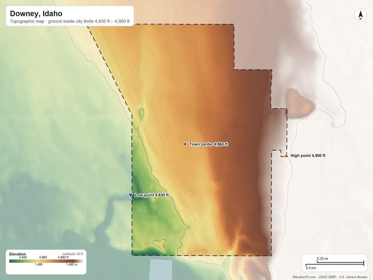 Topographic elevation map of Downey, Idaho, shaded from 4,830 ft on the southwest side to 4,900 ft on the east side