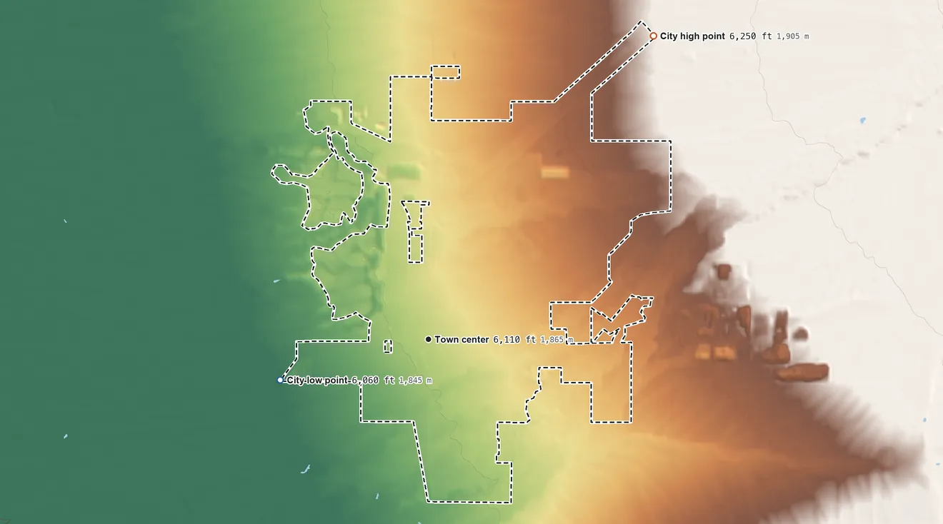 Topographic elevation map of Driggs, Idaho, shaded from 6,060 ft on the west side to 6,250 ft on the northeast side