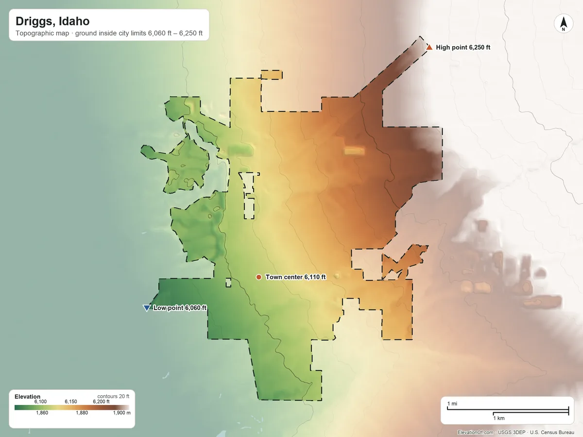 Topographic elevation map of Driggs, Idaho, shaded from 6,060 ft on the west side to 6,250 ft on the northeast side