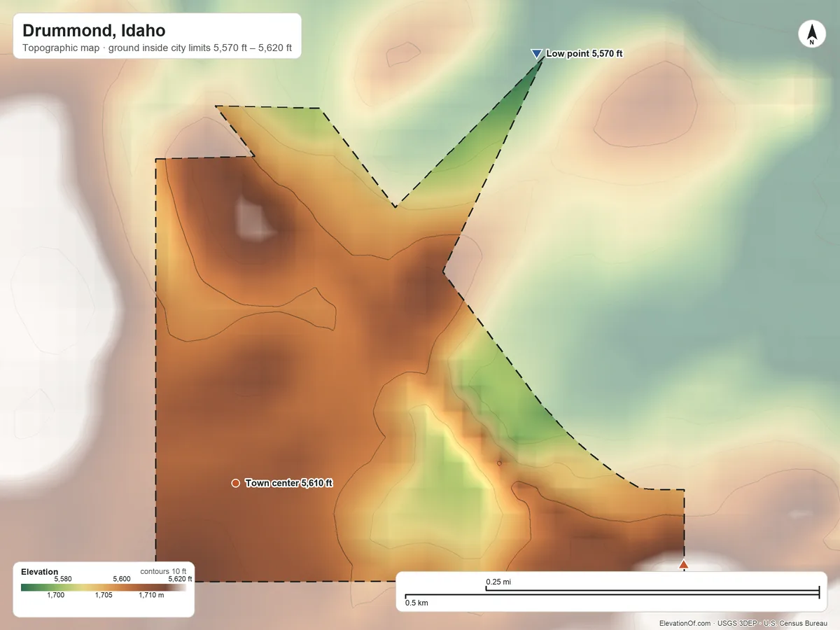 Topographic elevation map of Drummond, Idaho, shaded from 5,570 ft on the northeast side to 5,620 ft on the east side