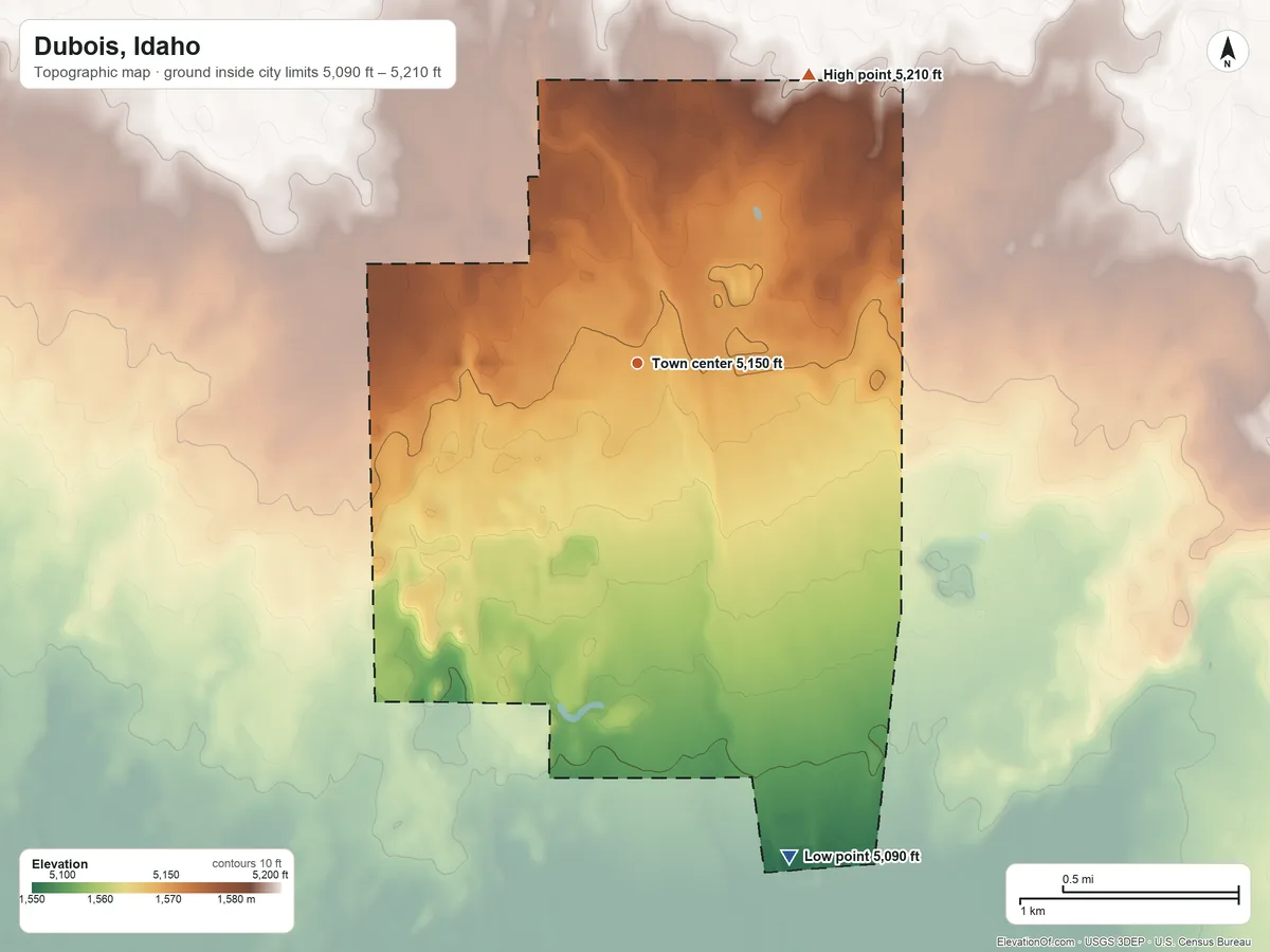 Topographic elevation map of Dubois, Idaho, shaded from 5,090 ft on the south side to 5,210 ft on the northeast side
