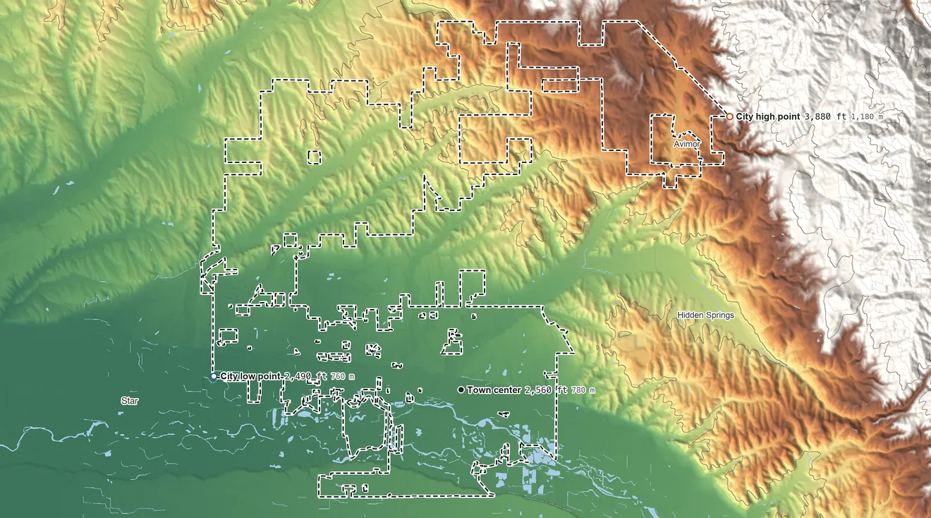Topographic elevation map of Eagle, Idaho, shaded from 2,490 ft on the west side to 3,880 ft on the northeast edge, below higher ground just outside