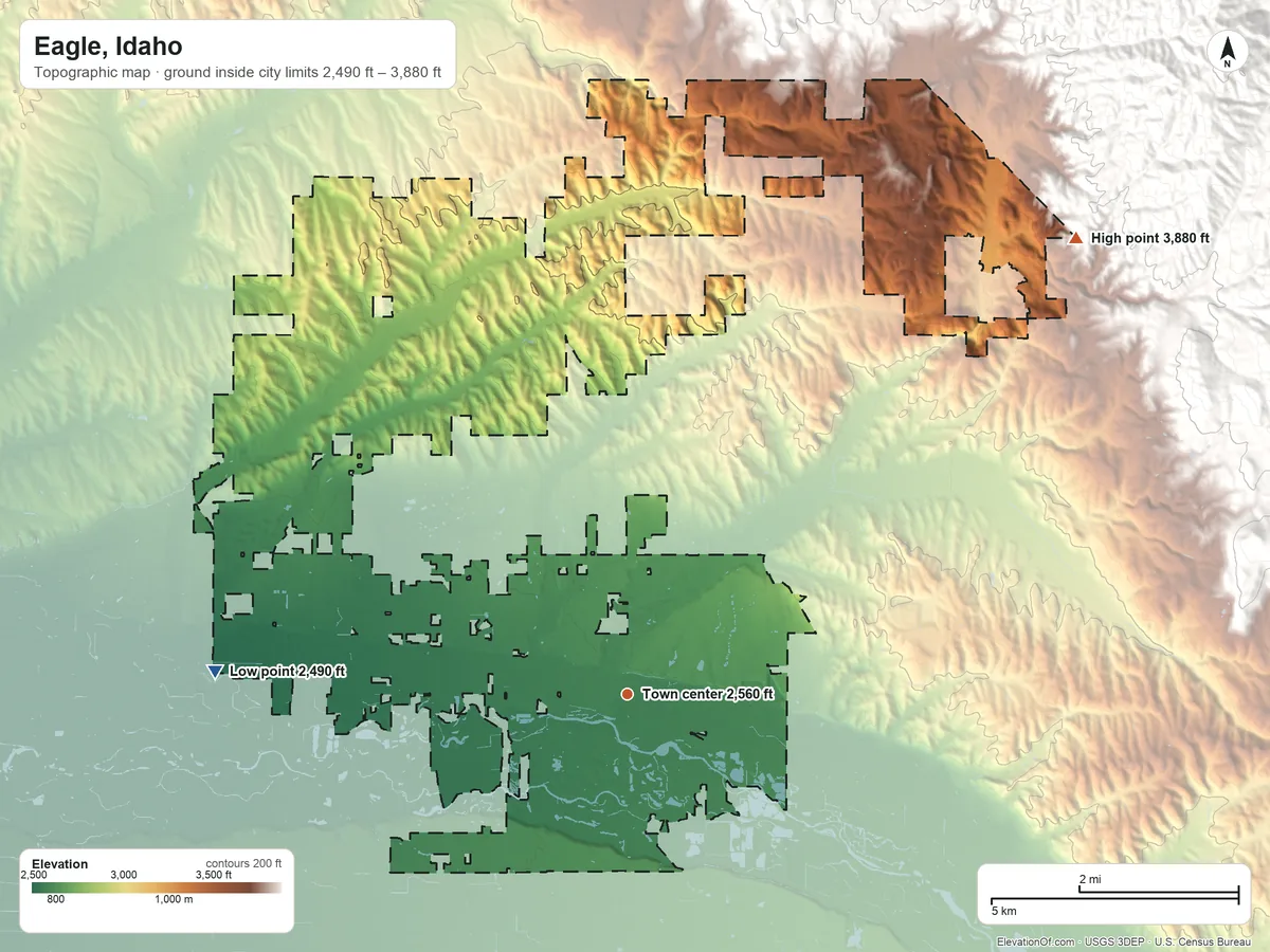 Topographic elevation map of Eagle, Idaho, shaded from 2,490 ft on the west side to 3,880 ft on the northeast edge, below higher ground just outside