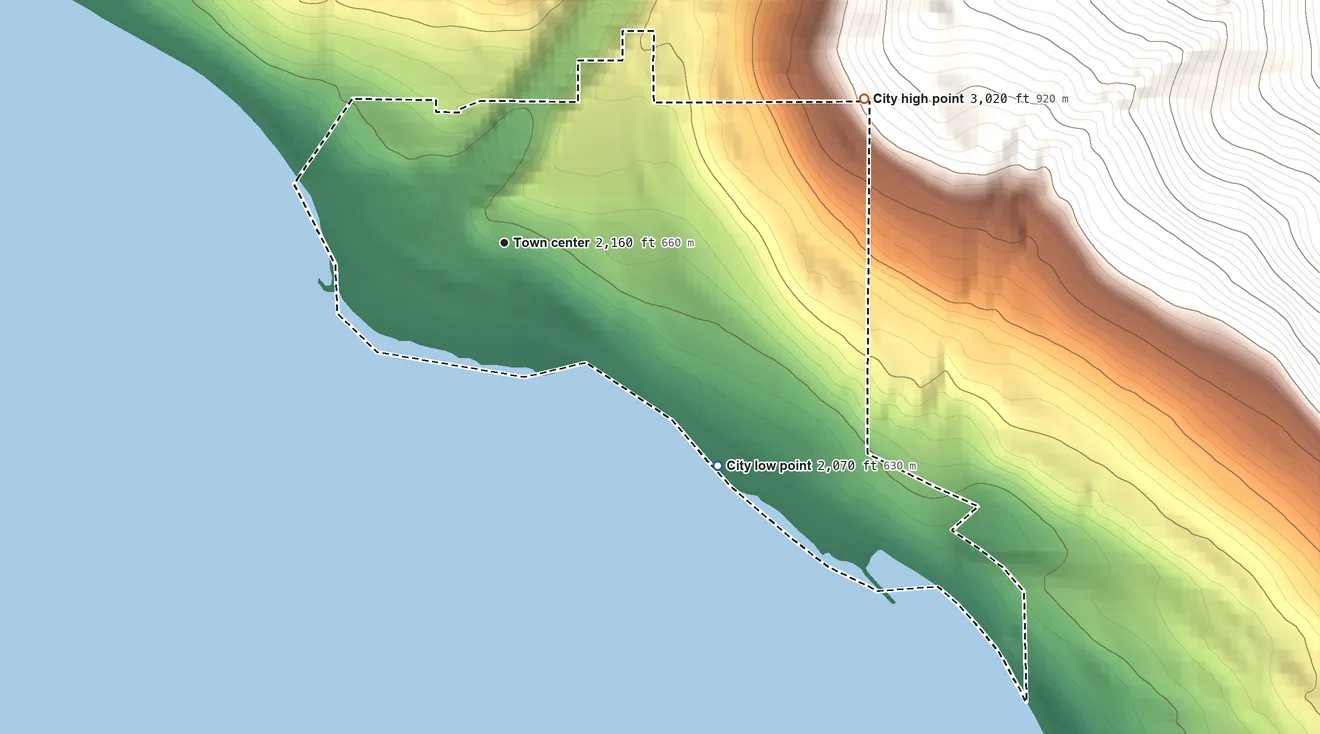 Topographic elevation map of East Hope, Idaho, shaded from 2,070 ft on the southeast side to 3,020 ft on the east edge, below higher ground just outside