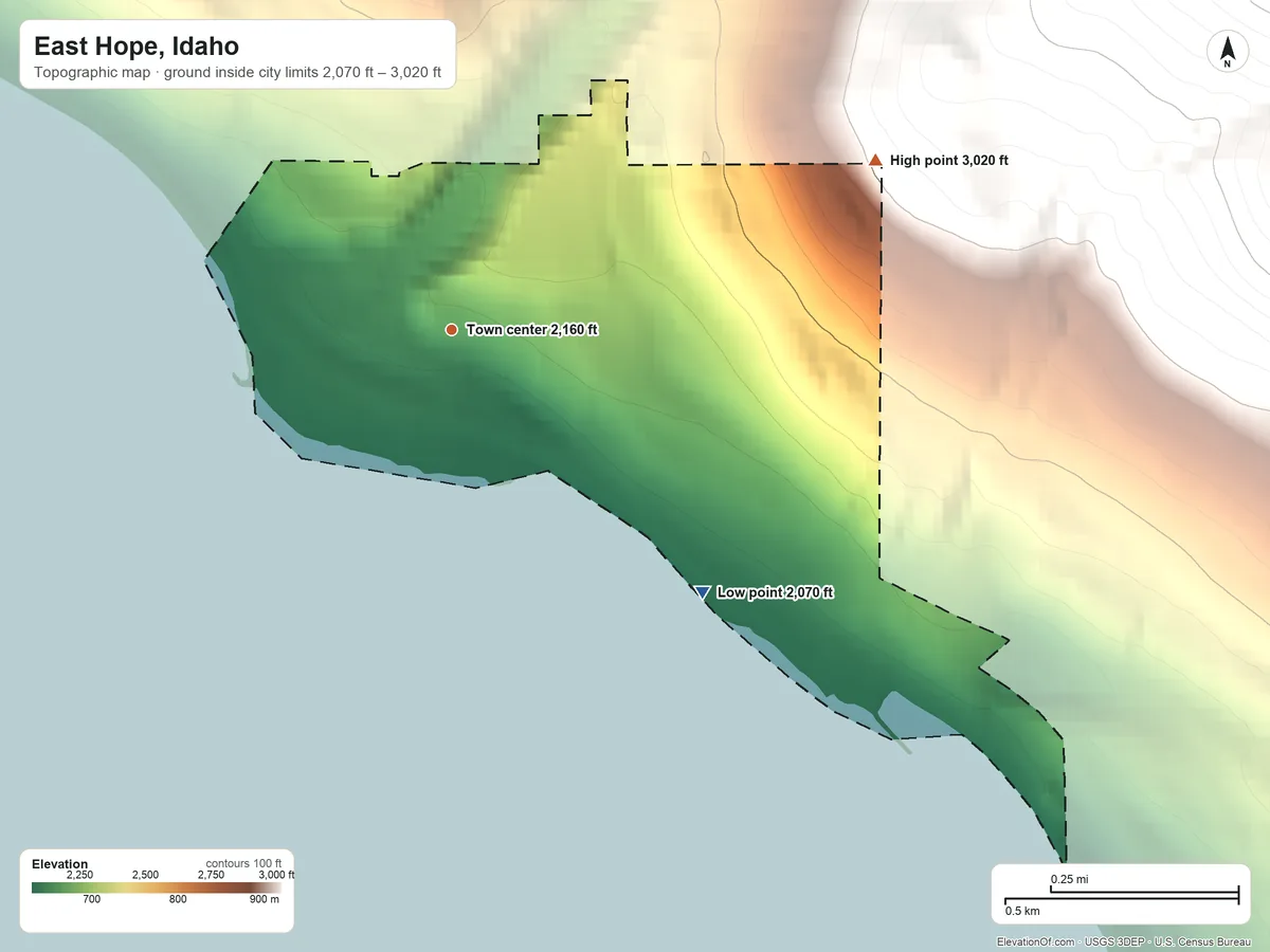 Topographic elevation map of East Hope, Idaho, shaded from 2,070 ft on the southeast side to 3,020 ft on the east edge, below higher ground just outside