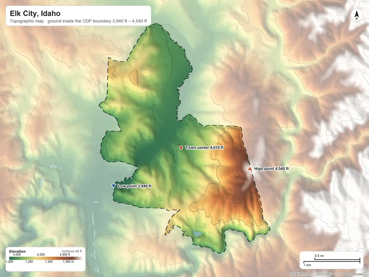 Topographic elevation map of Elk City, Idaho, shaded from 3,940 ft on the southwest side to 4,540 ft on the east edge, below higher ground just outside