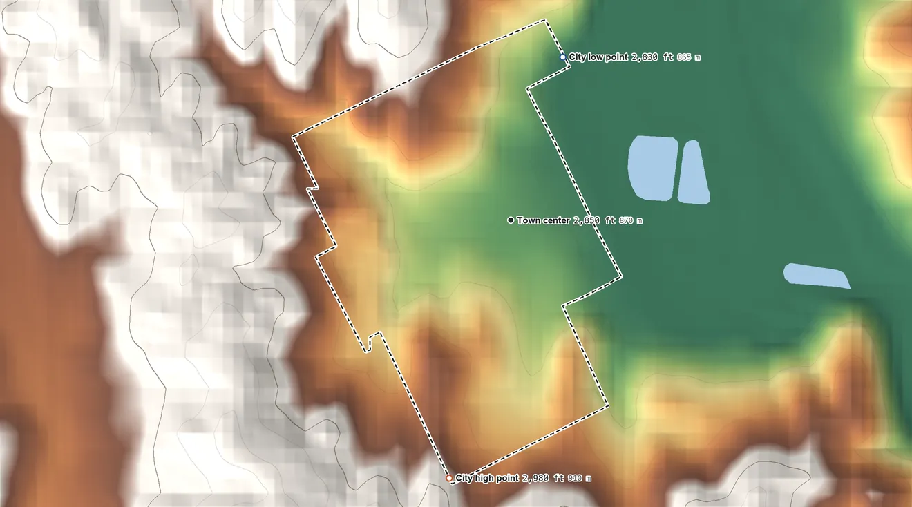 Topographic elevation map of Elk River, Idaho, shaded from 2,830 ft on the north side to 2,980 ft on the south edge, below higher ground just outside