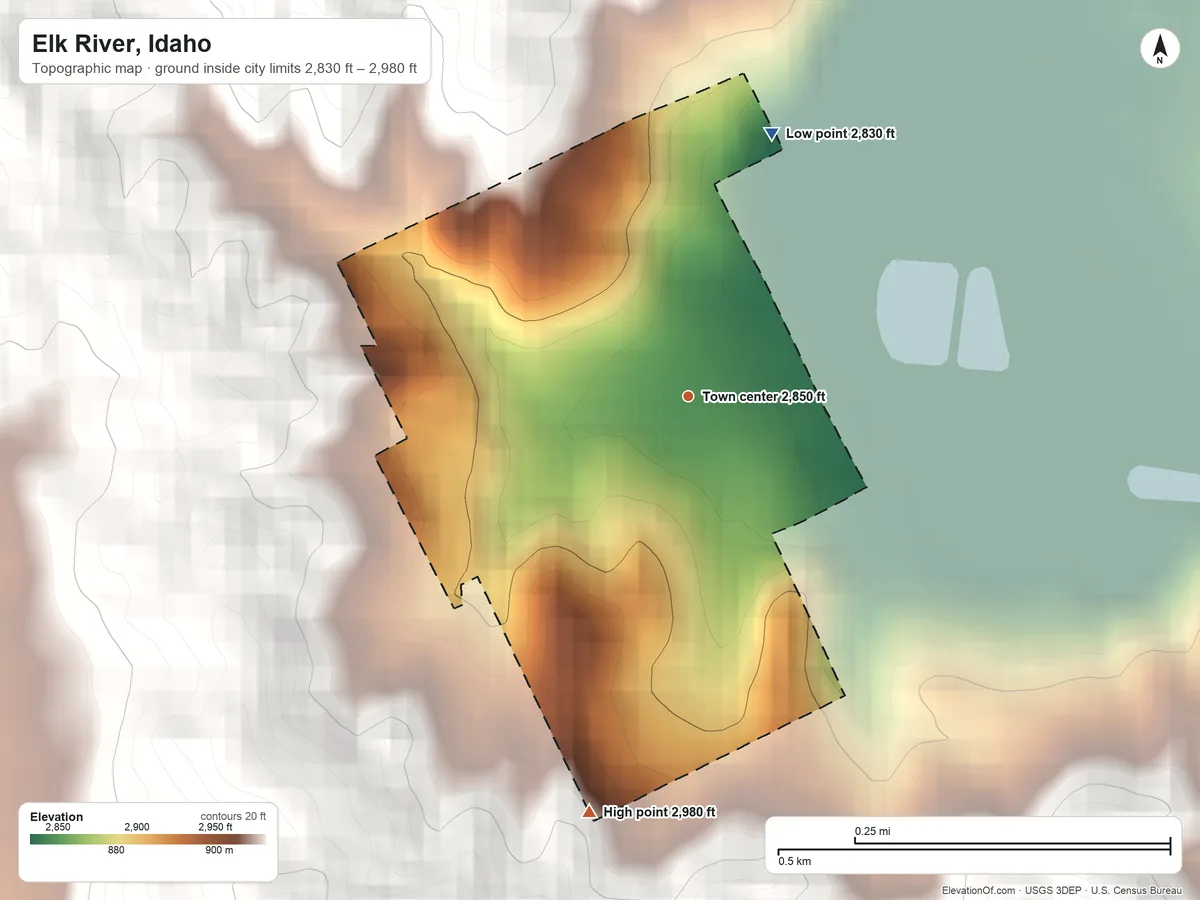 Topographic elevation map of Elk River, Idaho, shaded from 2,830 ft on the north side to 2,980 ft on the south edge, below higher ground just outside